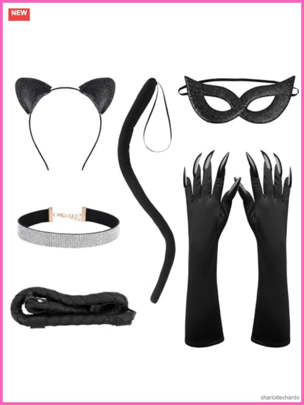Cat Woman Costume Accessory Set Glitter Cat Mask Ears Tail Whip Cosplay